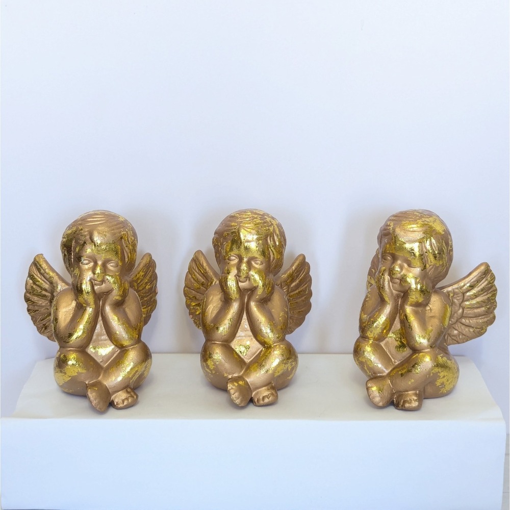 Vtg Gold Leaf Guilded Cherub Sitting Angel Figurine Set Of 3 Terracotta 4.25"